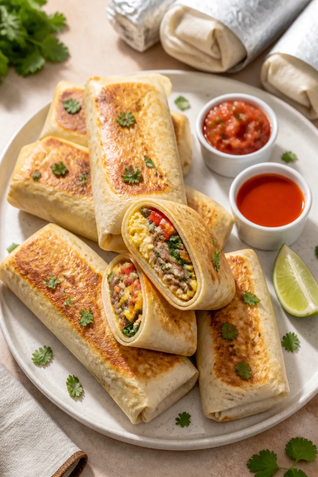 Final dish overhead: Top-down shot of neatly rolled low-calorie breakfast meal prep burritos, seam-s