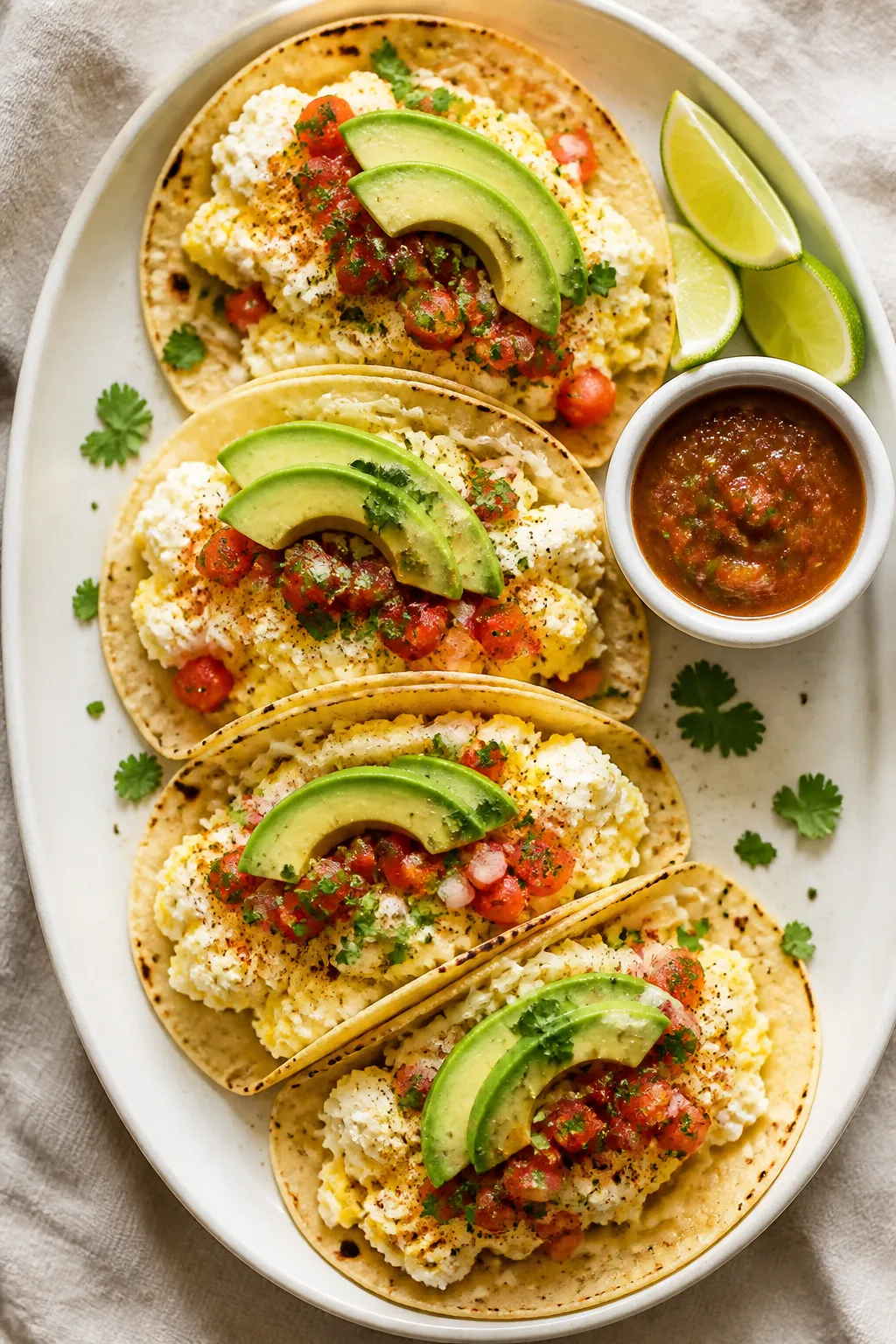 Final dish, overhead top view: Four warm street-size corn tortillas filled with soft, tender egg whi