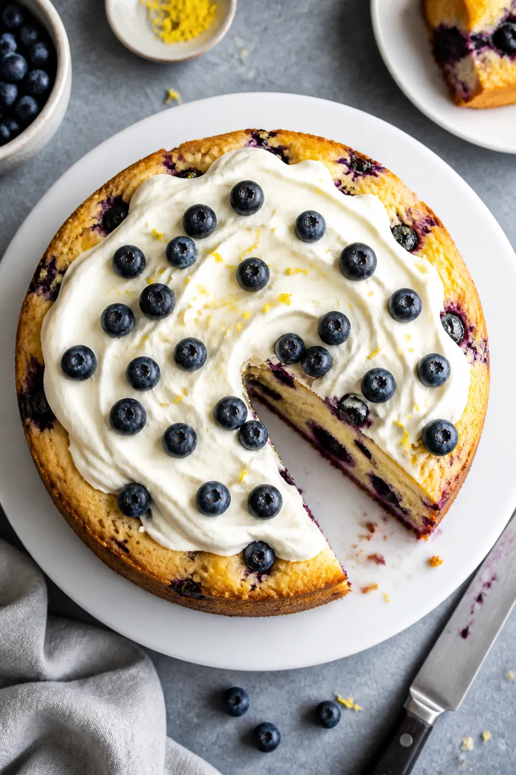 Final dish, tasty top view: Overhead shot of a 9-inch Low Carb Blueberry Cloud Cake on a white ceram