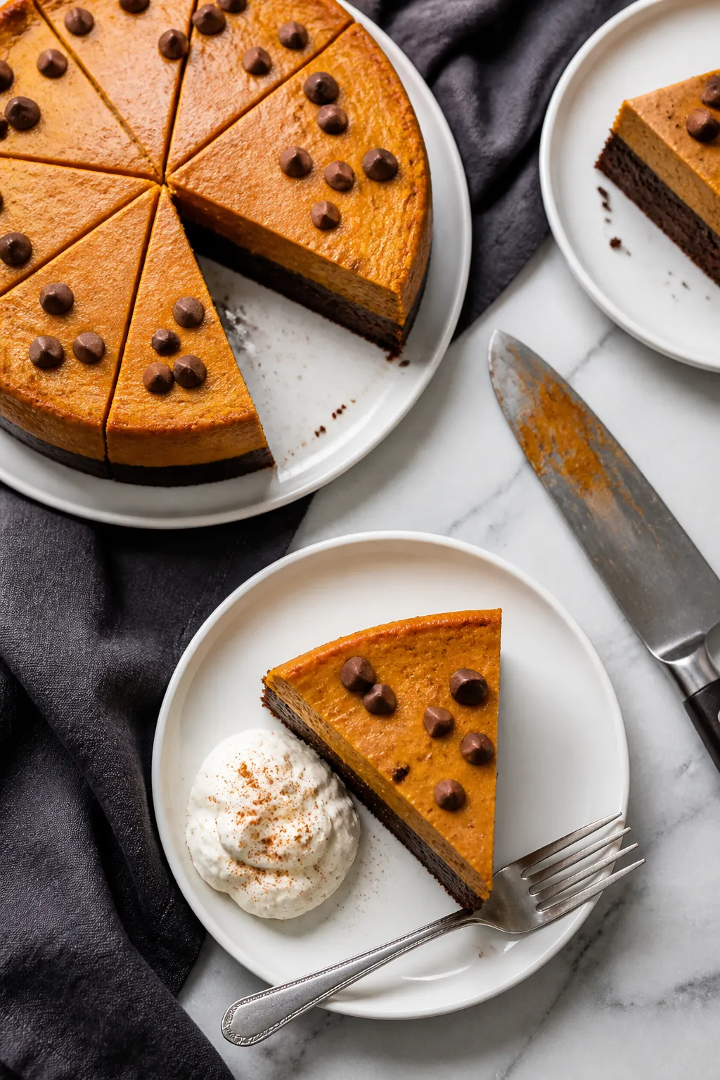 Final dish, tasty top view: Overhead shot of a chilled Low Carb Pumpkin Brownie Cheesecake sliced cl
