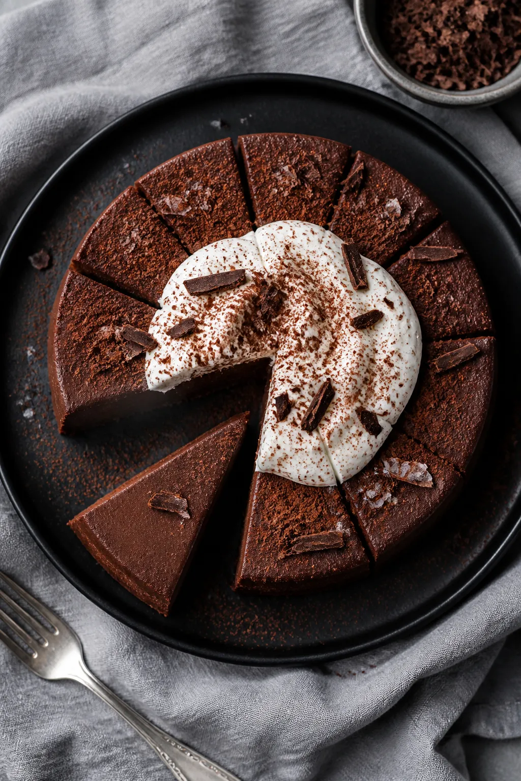 Final dish, tasty top view: Overhead shot of a chilled, sliced keto chocolate torte on a matte black