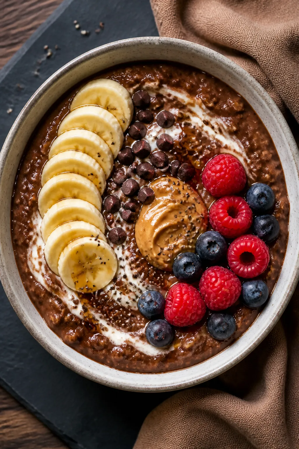 Final dish, tasty top view: Overhead shot of a cozy bowl of High Protein Chocolate Protein Oatmeal, 