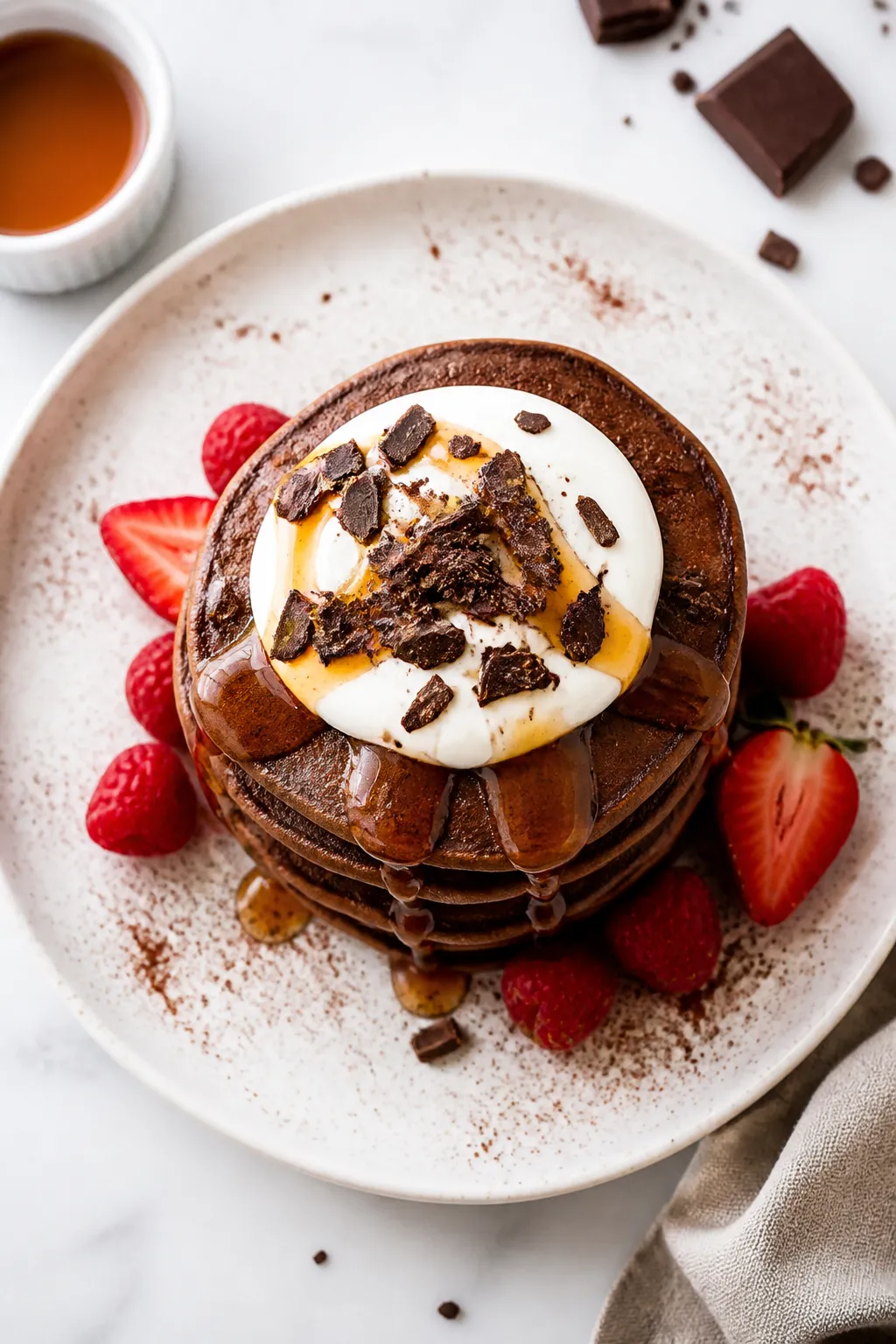 Final dish, tasty top view: Overhead shot of a neat stack of low-calorie chocolate protein pancakes