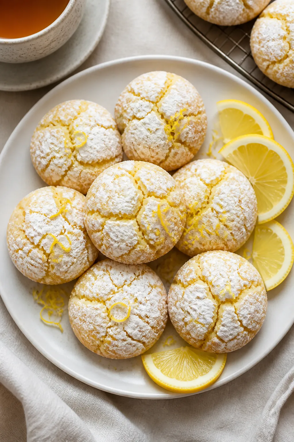 Final dish, tasty top view: Overhead shot of a plate of baked keto lemon crinkle cookies with pronou