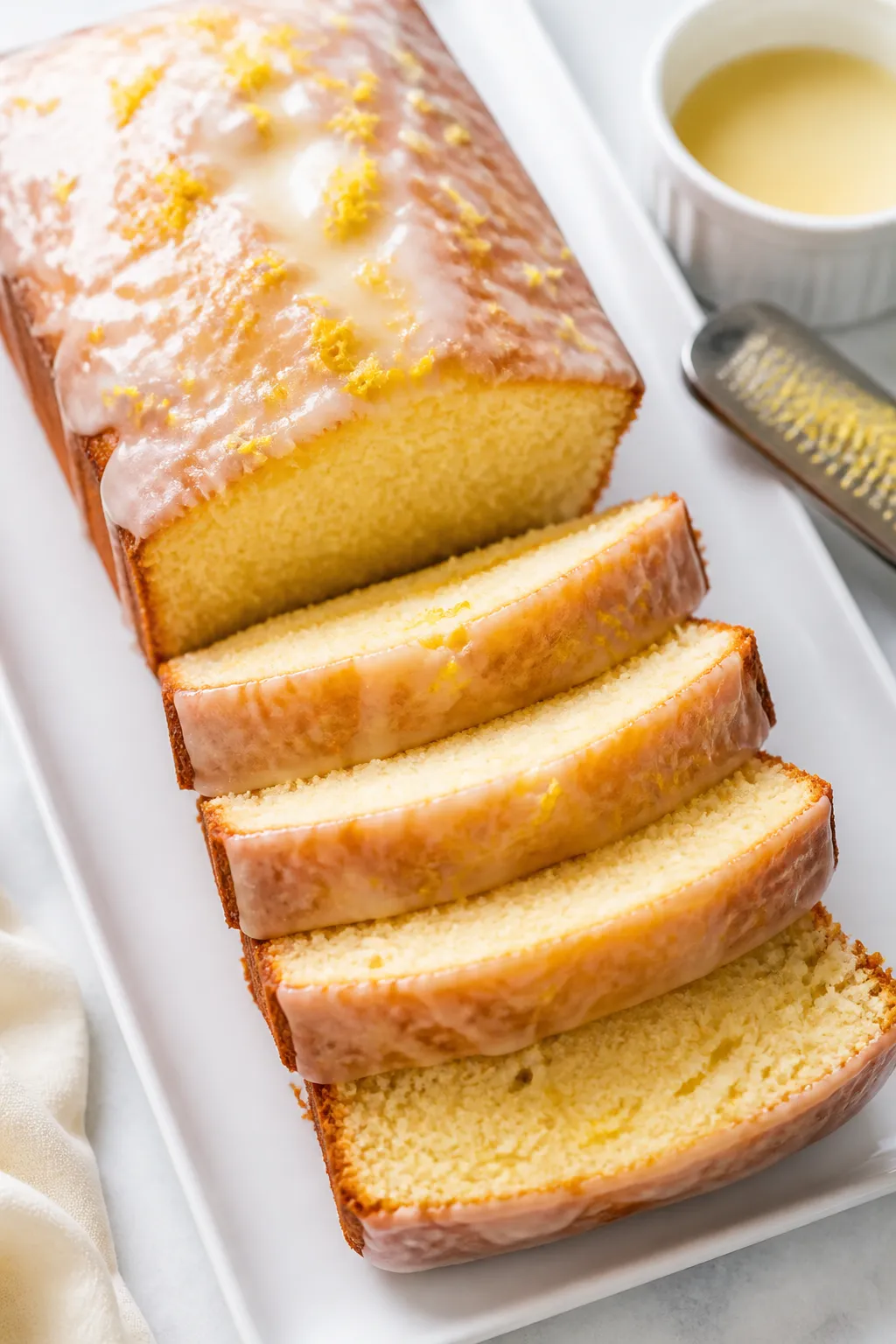 Final dish, tasty top view: Overhead shot of a sliced keto lemon pound cake on a matte white rectang