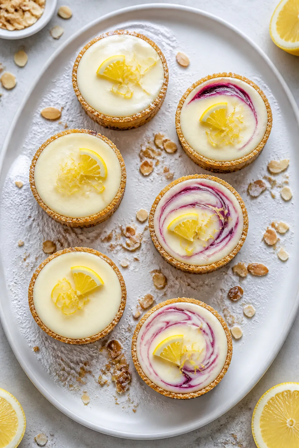 Final dish, tasty top view: Overhead shot of finished frozen lemon cheesecake cups with almond-flour
