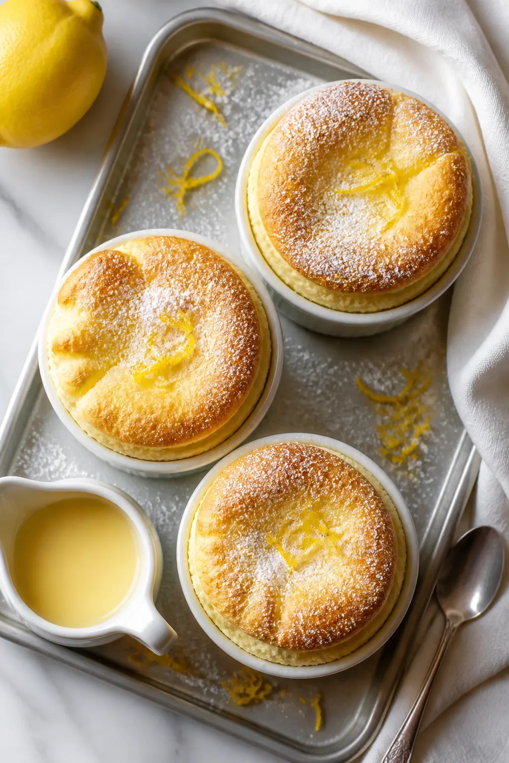 Final dish, tasty top view: Overhead shot of freshly baked Keto Lemon Soufflés in white 6‑oz rame