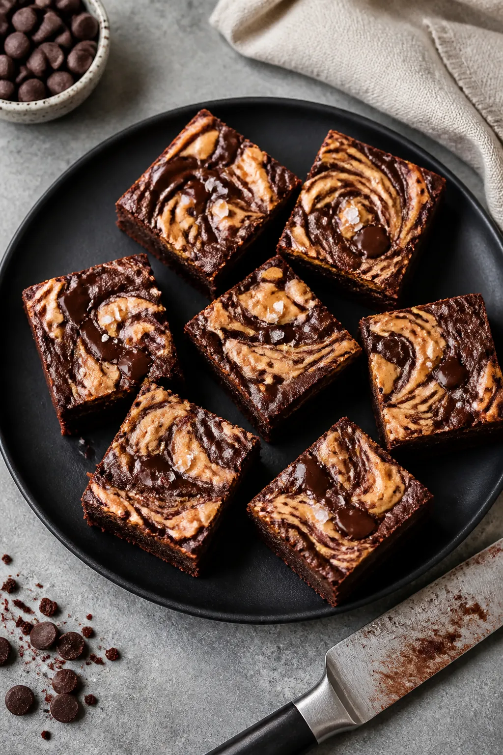 Final dish, tasty top view: Overhead shot of fully baked Low Carb Chocolate Peanut Butter Swirl Brow