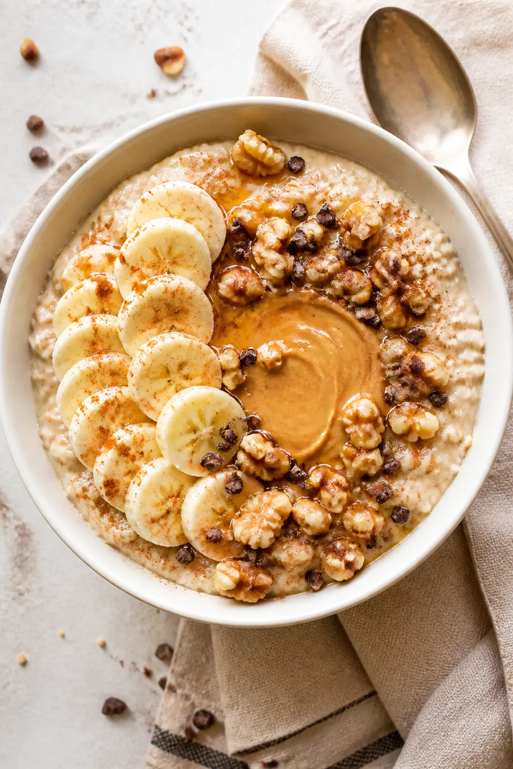 Final dish, tasty top view: Overhead shot of High Protein Banana Oatmeal in a matte white bowl, ultr
