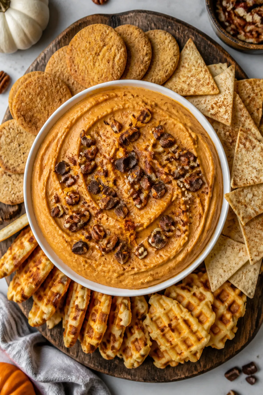 Final dish, tasty top view: Overhead shot of Keto Pumpkin Cannoli Dip mounded in a matte white shall