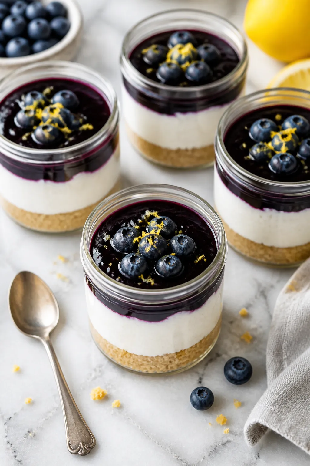 Final dish, tasty top view: Overhead shot of Keto Blueberry Cheesecake Jars assembled and chilled—