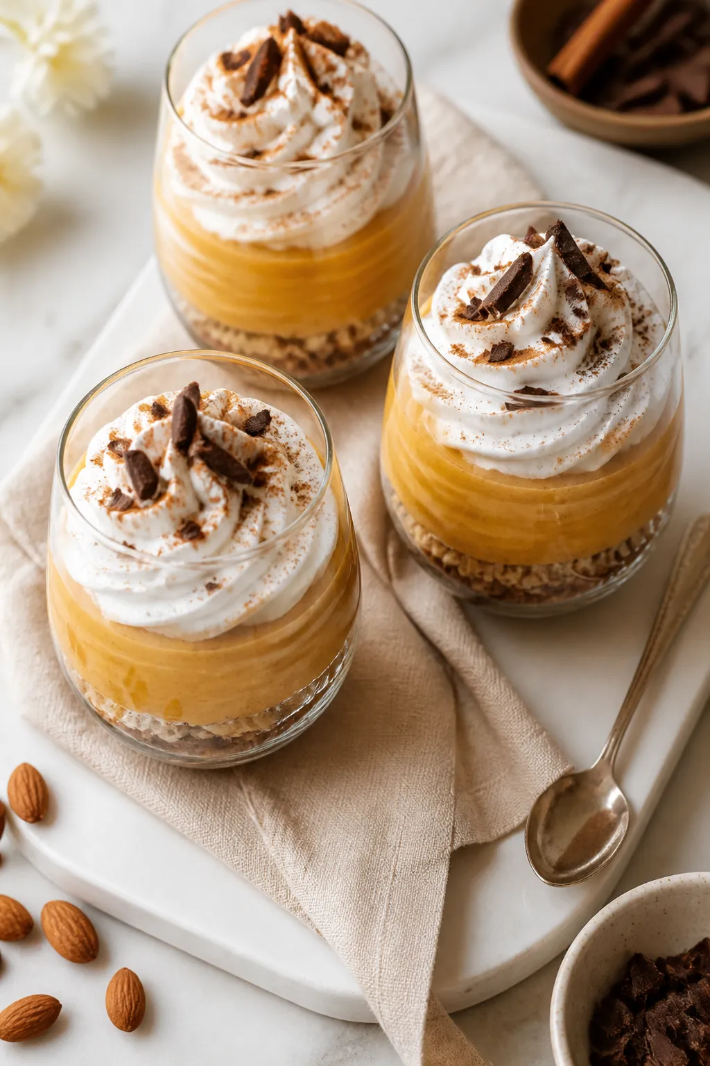 Final dish, tasty top view: Overhead shot of Keto Pumpkin Mousse Parfaits layered in clear stemless 