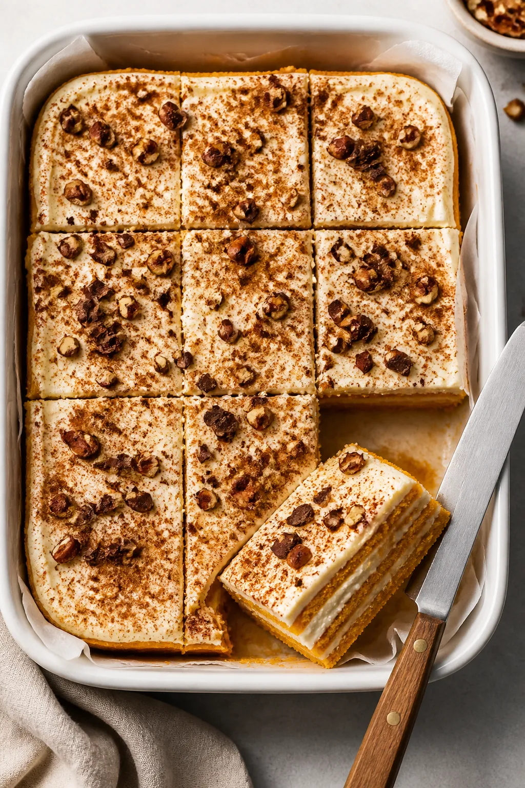 Final dish, tasty top view: Overhead shot of Low Carb Pumpkin Lasagna Dessert sliced into neat squar
