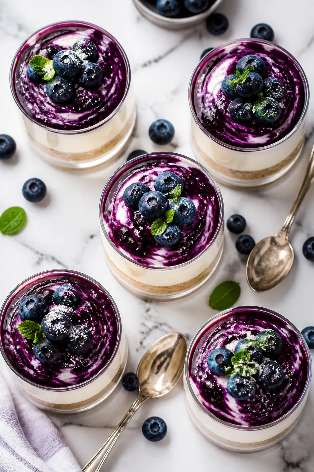 Final dish, tasty top view: Overhead shot of Low Carb Blueberry Cream Pie Cups assembled in clear gl