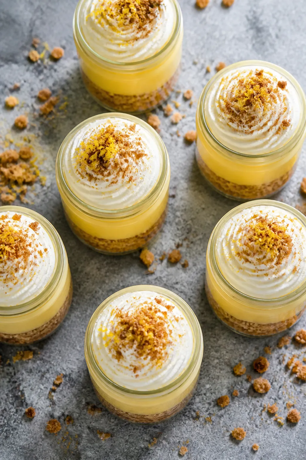 Final dish, tasty top view: Overhead shot of Low Carb Lemon Cream Pie Jars fully assembled—layers 