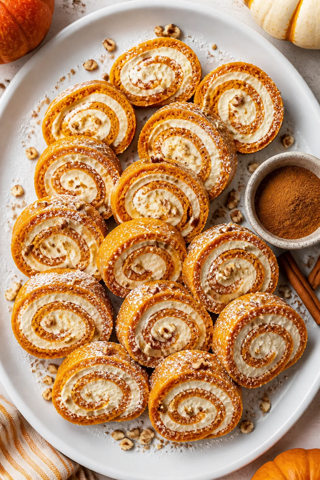 Final dish, tasty top view: Overhead shot of neatly sliced keto pumpkin cream cheese roll ups arrang