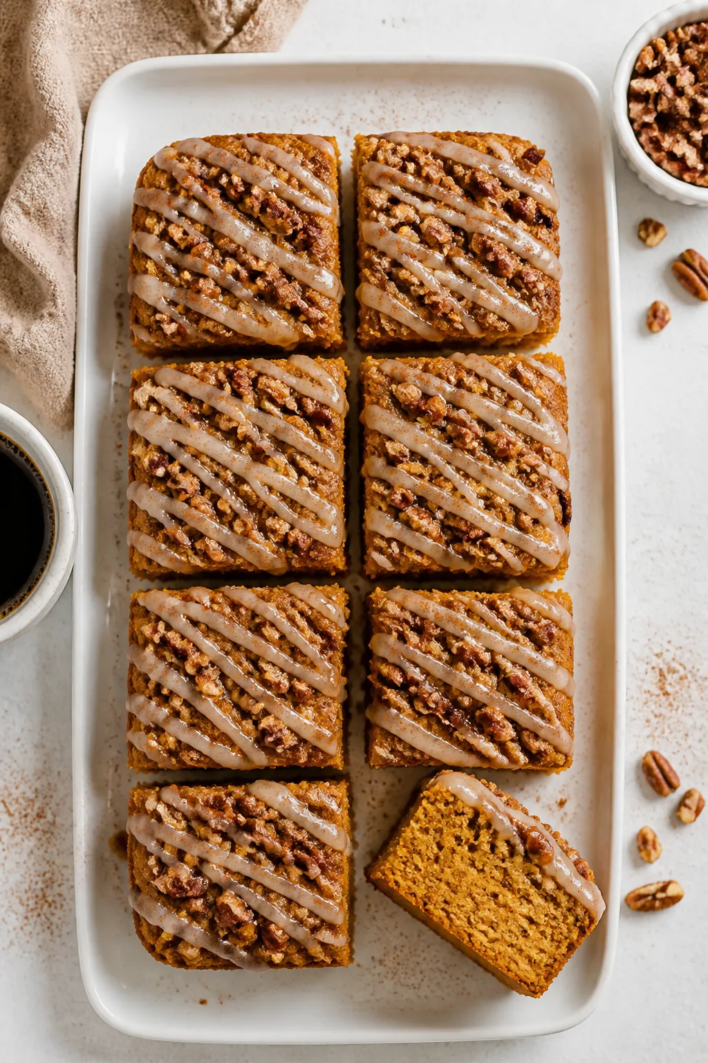 Final dish, tasty top view: Overhead shot of sliced low carb pumpkin coffee cake arranged on a matte