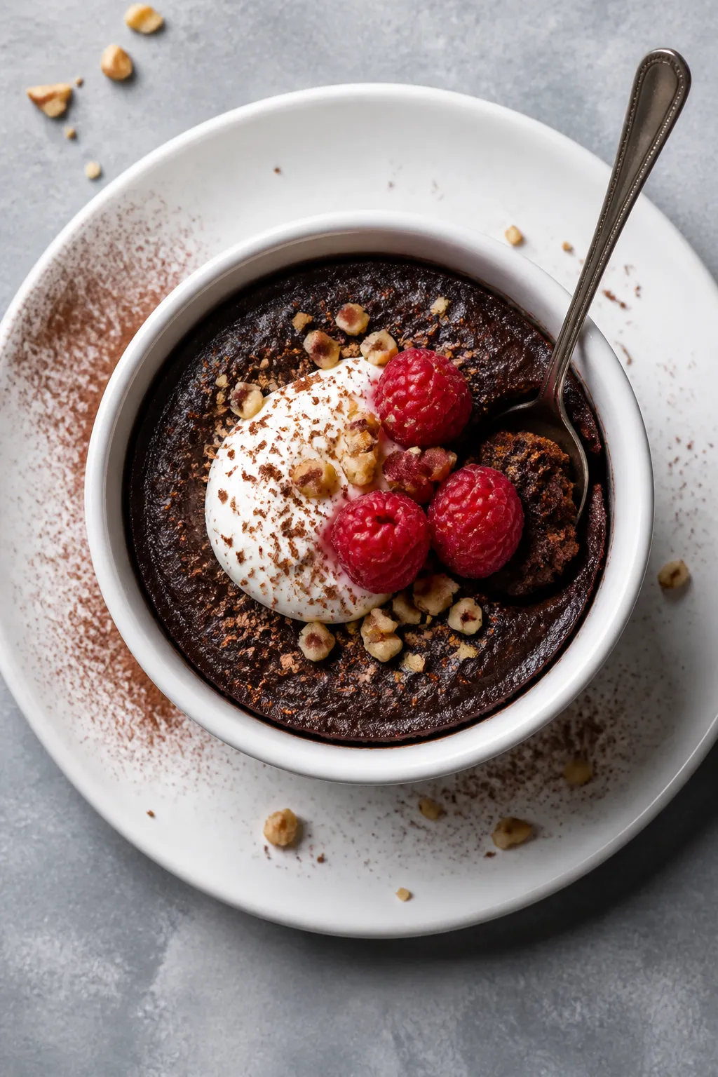 Final dish, tasty top view: Overhead shot of the low-carb chocolate mug brownie presented de-mugged 