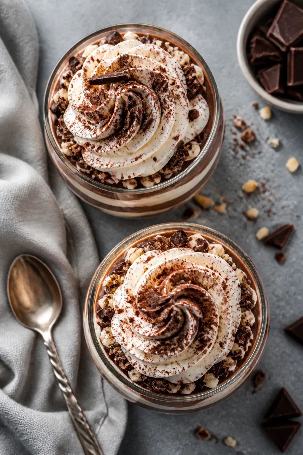 Final parfait overhead: Keto chocolate pudding parfaits layered in short 4–6 oz clear glasses—al
