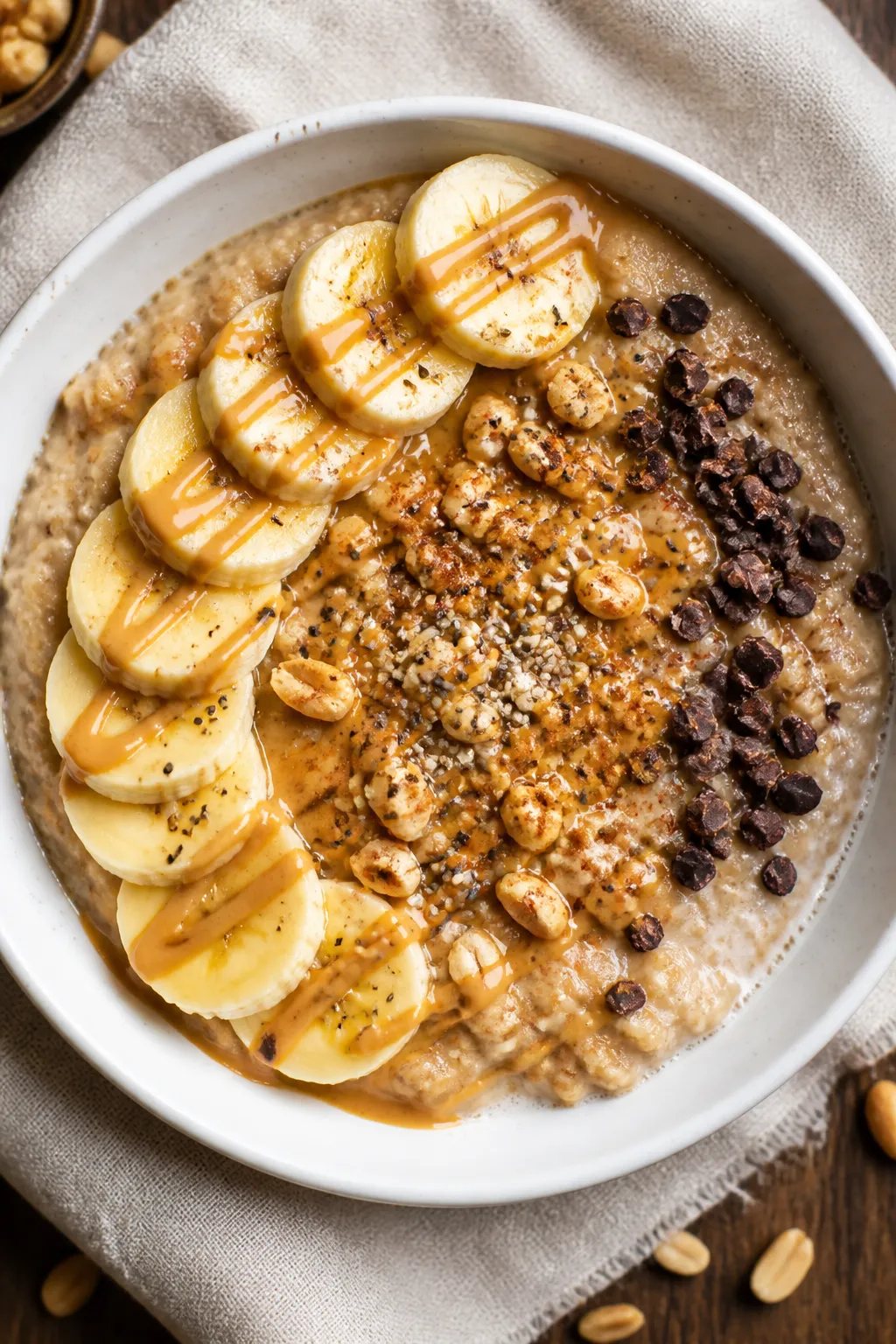 Final plated overhead: A restaurant-quality bowl of High Protein Peanut Butter Banana Oats shot top-