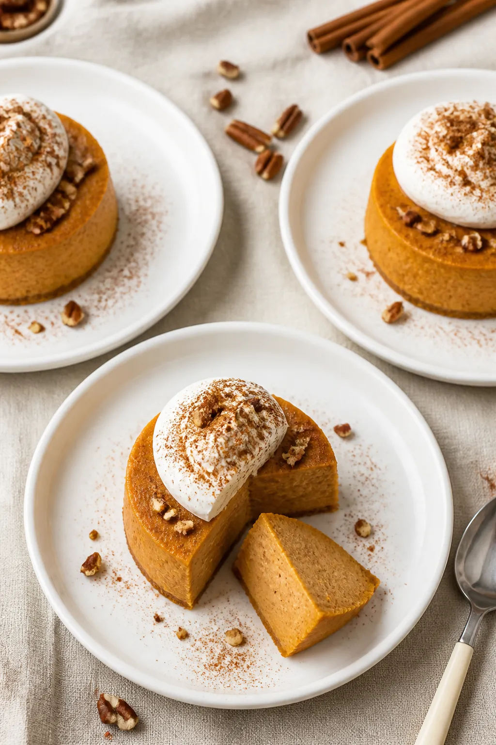 Final plated overhead: Chilled Low Carb Pumpkin Pie Cups unmolded onto matte white dessert plates, t