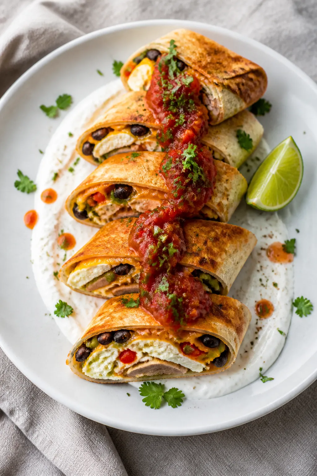 Final plated overhead: Crisped, toasted high-fiber burrito sliced on the bias to reveal layers of eg