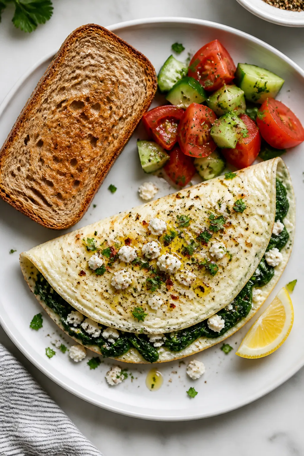 Final plated overhead: Egg White Spinach & Feta Omelet folded into a neat half-moon on a matte white