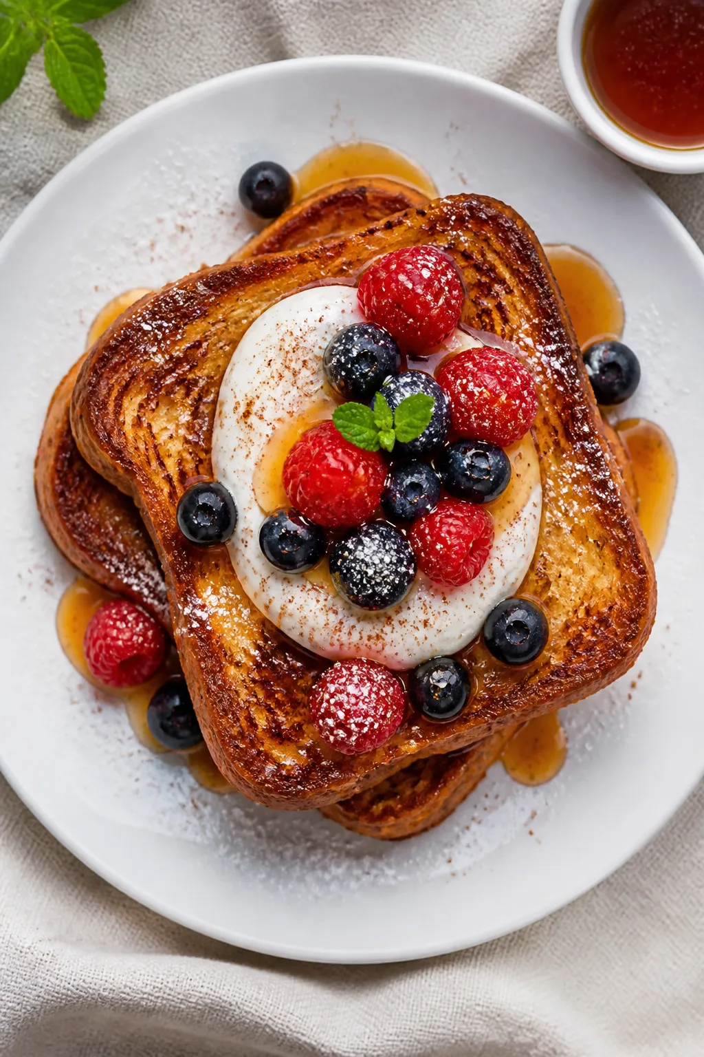 Final plated overhead: Low-calorie protein French toast stacked on a matte white plate, top view sho