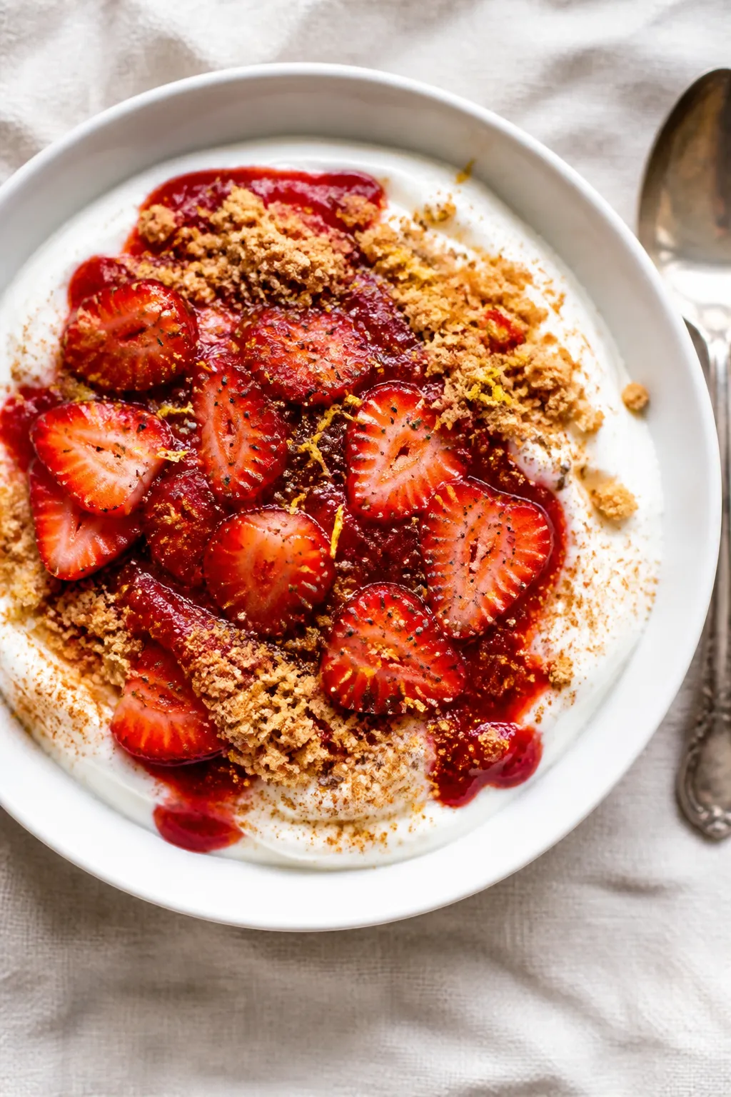 Final plated overhead: Overhead shot of a Greek Yogurt Strawberry Cheesecake Bowl fully assembled—