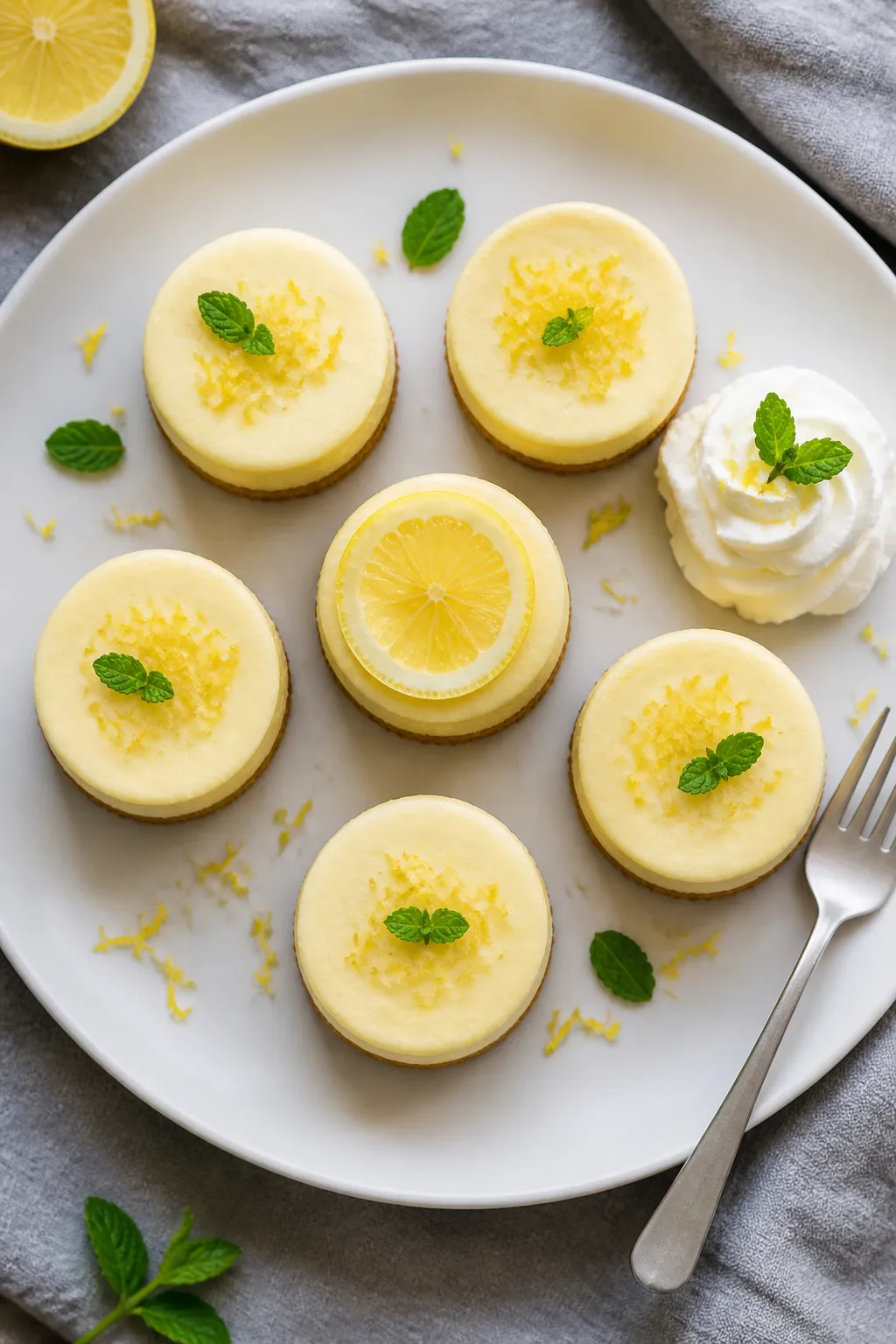 Final plated overhead shot: An elegant white plate with six chilled low-carb lemon cheesecake bites,