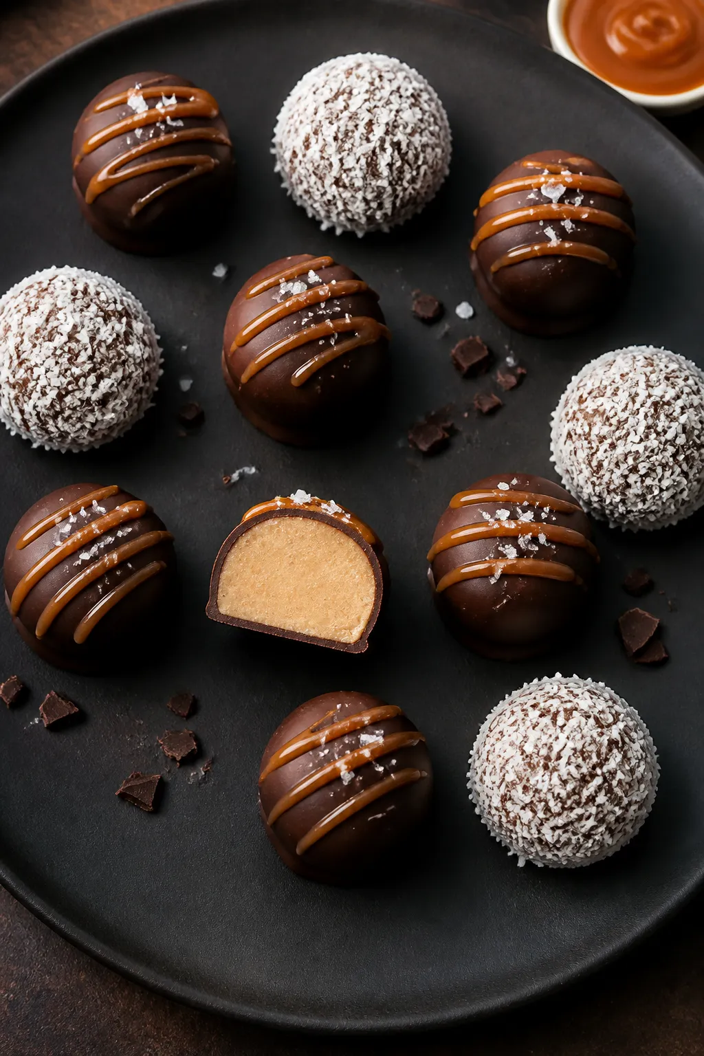 Final plated overhead shot: Keto chocolate caramel cheesecake fat bombs set and gleaming on a matte 