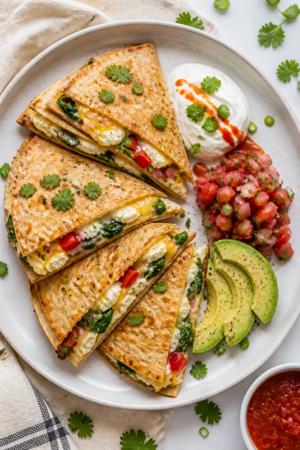 Final plated overhead: Sliced egg white breakfast quesadilla wedges on a matte white plate, arranged