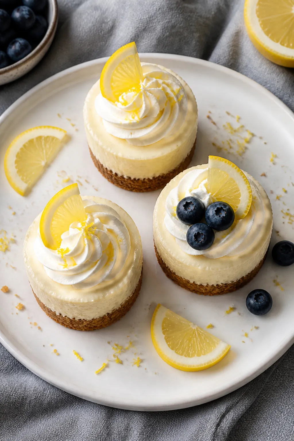 Final plated overhead: Tasty top-down shot of three mini low carb lemon cheesecake cupcakes on a mat
