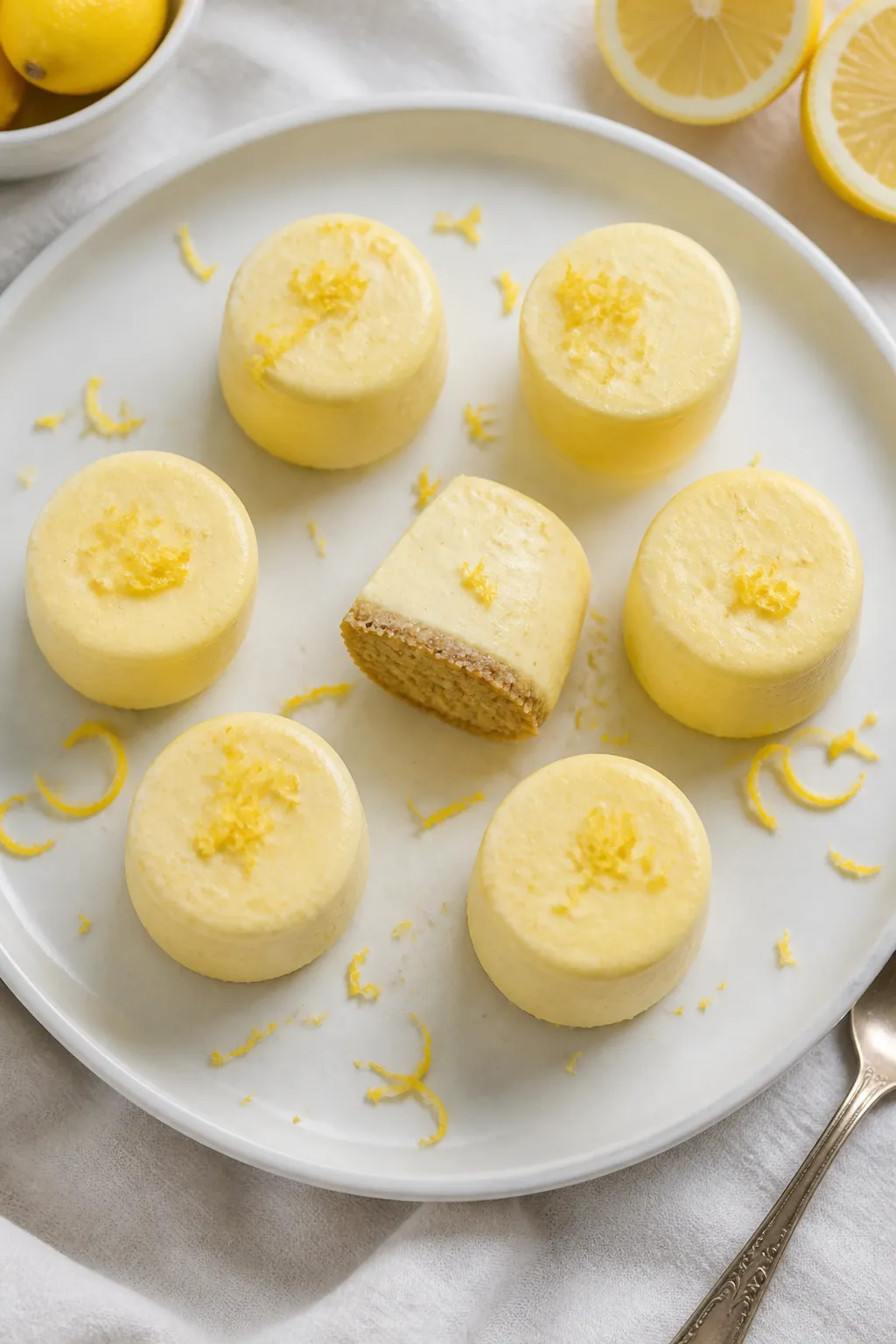 Final plated overhead: Top-down shot of chilled Low Carb Lemon Cream Pie Fat Bombs arranged on a mat