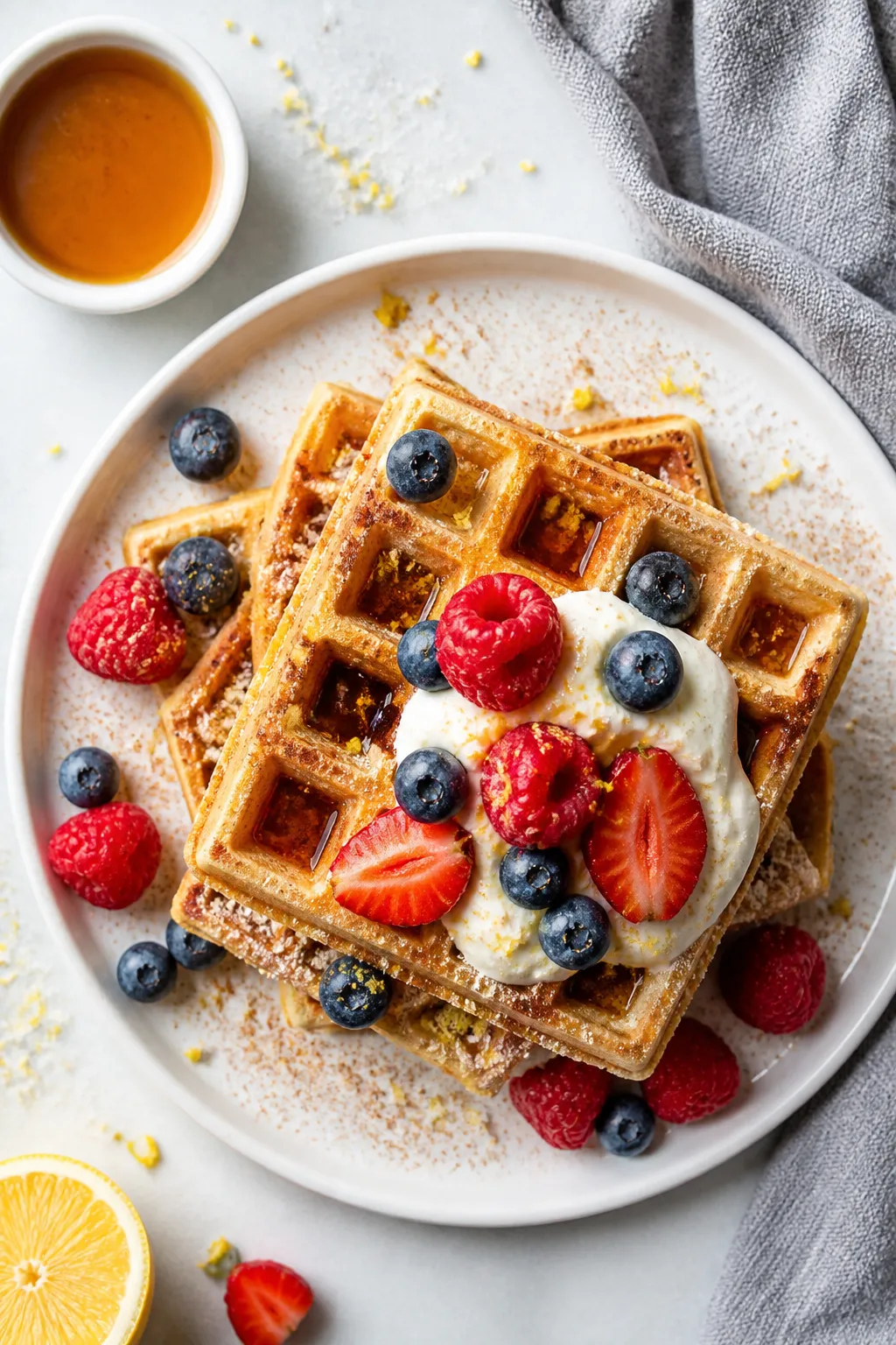 Final plated overhead: Top-down shot of stacked low-calorie protein waffles on a matte white plate, 