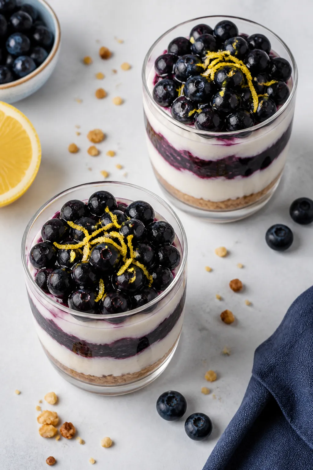 Final plated parfait glamour shot: Low carb blueberry cheesecake parfait layered in a clear rocks gl