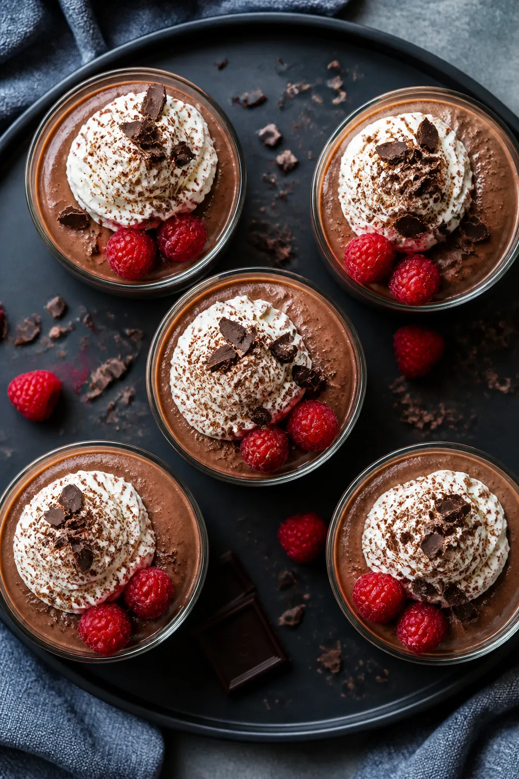 Final plated, top-down presentation: Overhead shot of keto no-bake chocolate mousse piped into small