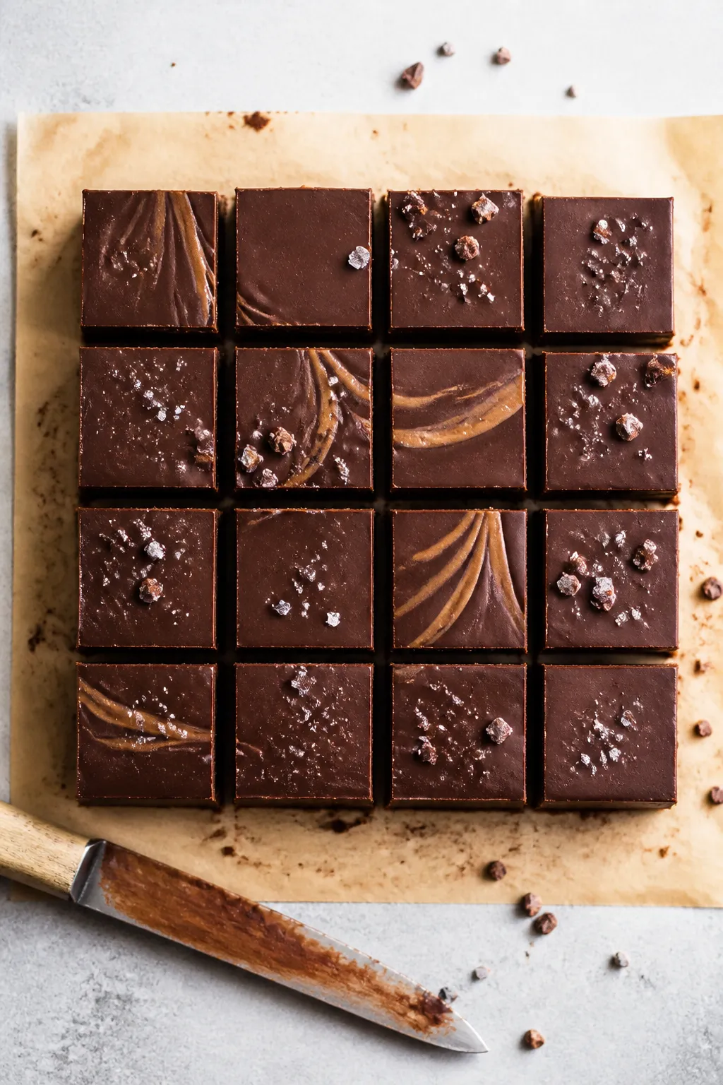 Final presentation overhead: Low Carb Chocolate Fudge Squares sliced cleanly into 16 small pieces on