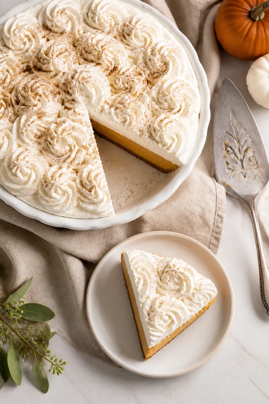 Final presentation overhead: Top-down shot of a chilled low carb pumpkin cream pie with a cloud-like