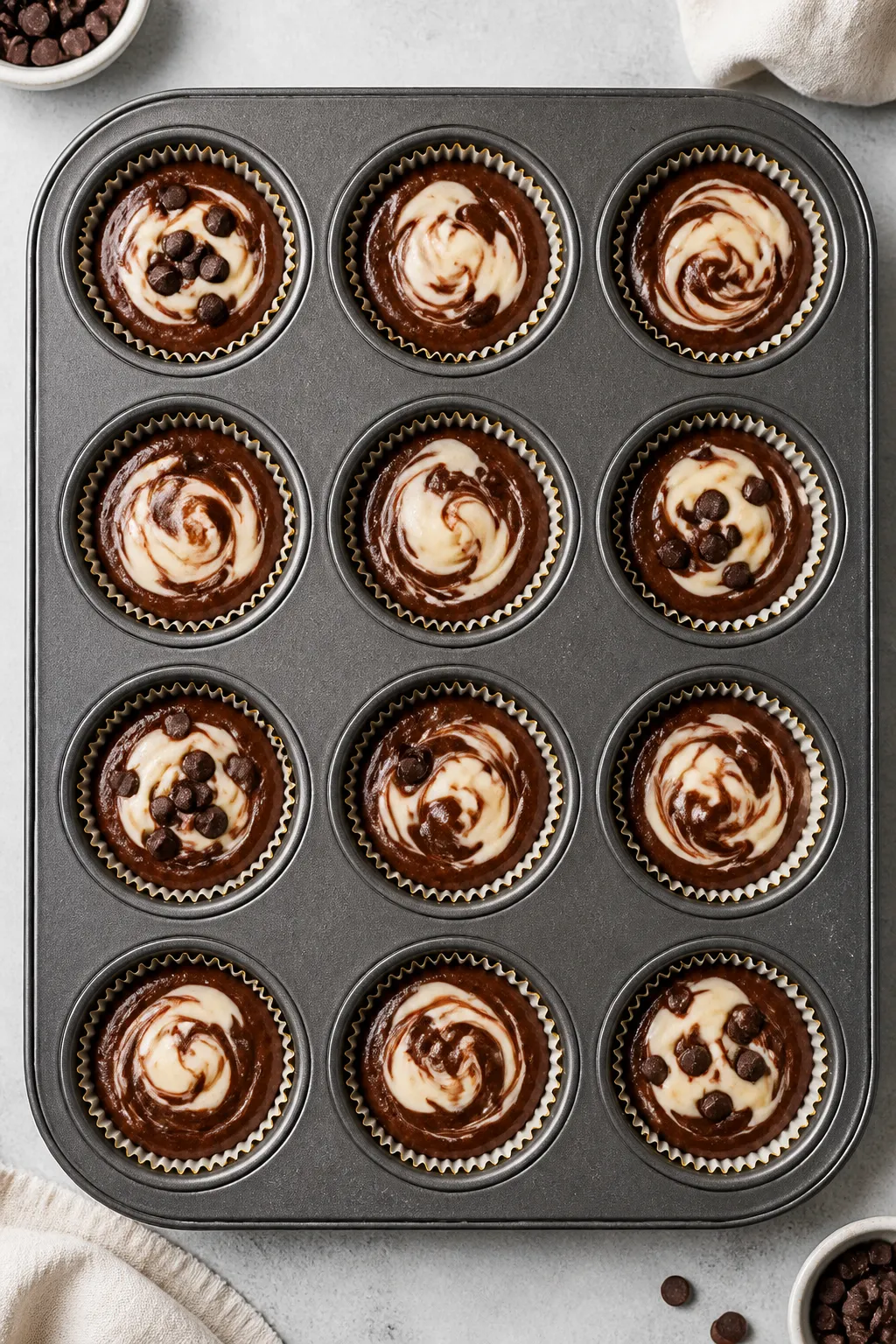 Overhead cooking process shot: A 12-cup muffin tin just filled before baking—each cup two-thirds f