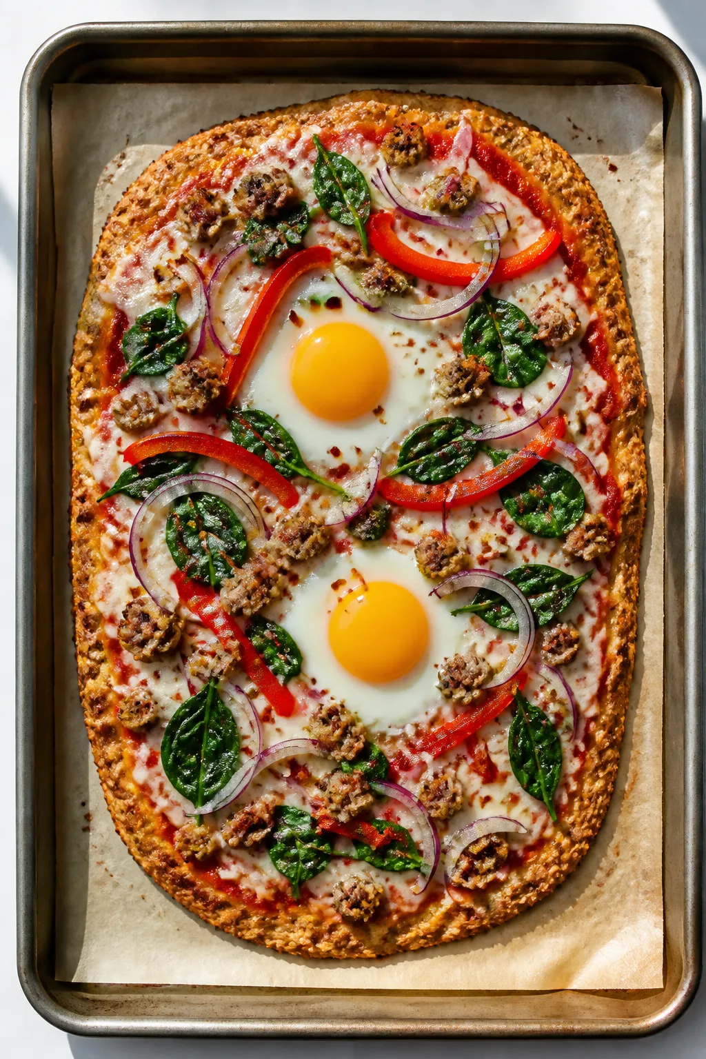 Overhead cooking process shot of the par-baked high-protein breakfast pizza just after toppings are 
