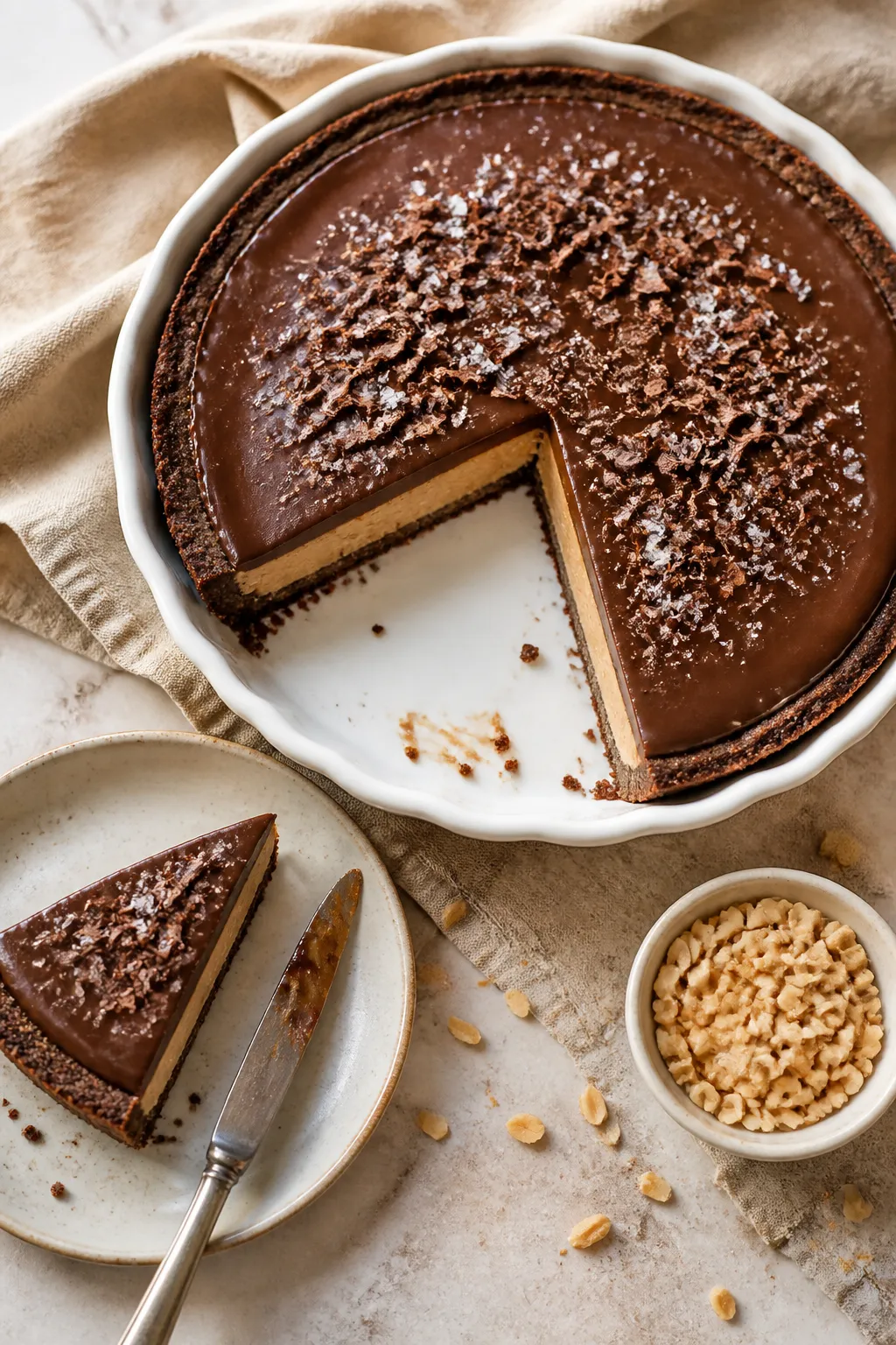 Overhead final presentation: A perfectly sliced Keto Chocolate Peanut Butter Pie on a white ceramic 