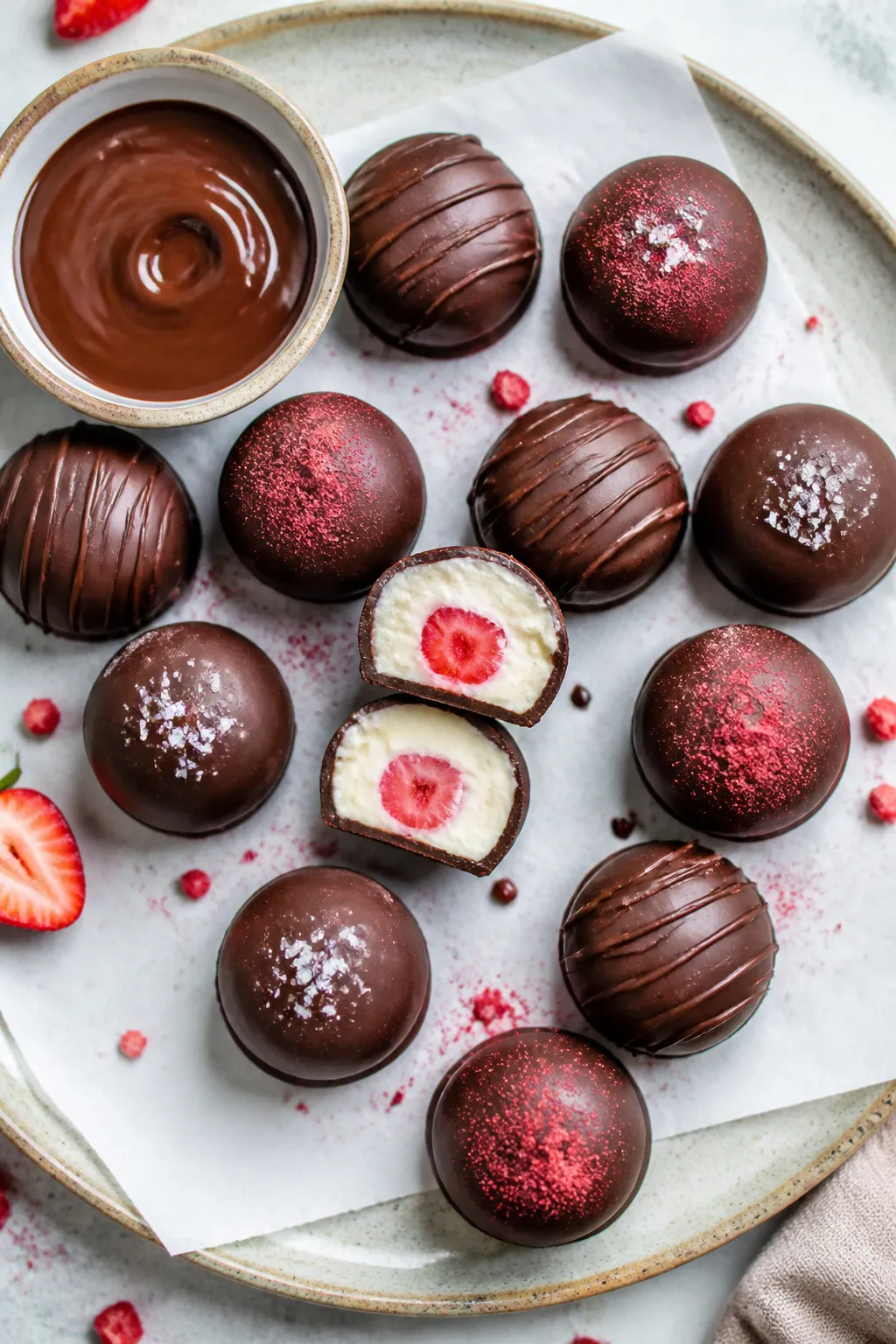 Overhead final presentation: A tidy arrangement of finished Low Carb Chocolate Covered Strawberry Ch