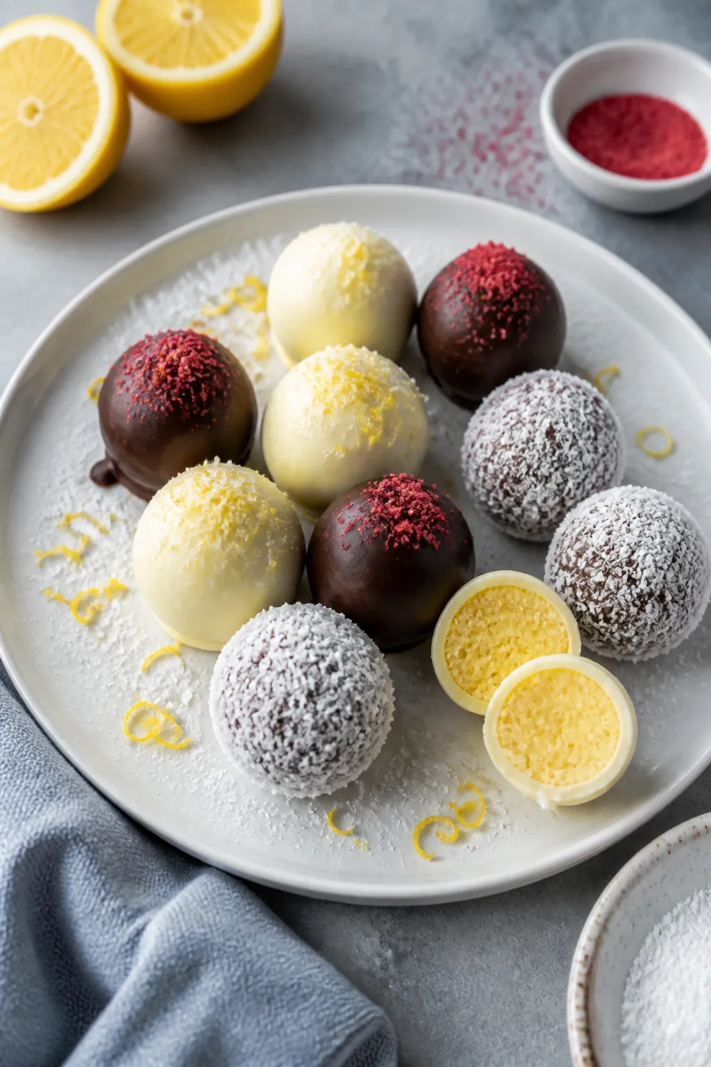 Overhead final presentation: An elegant plate of finished Keto Lemon Truffles with a mix of coatings