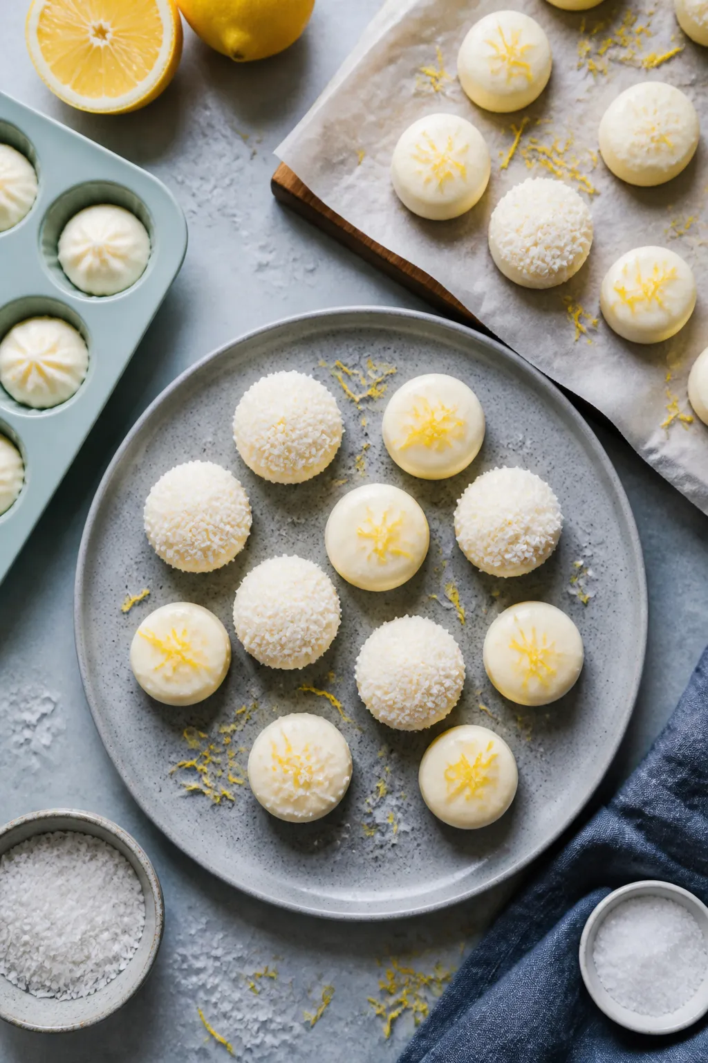 Overhead final presentation: An of assorted Low Carb Lemon Cream Cheese Fat Bombs arranged on a cool
