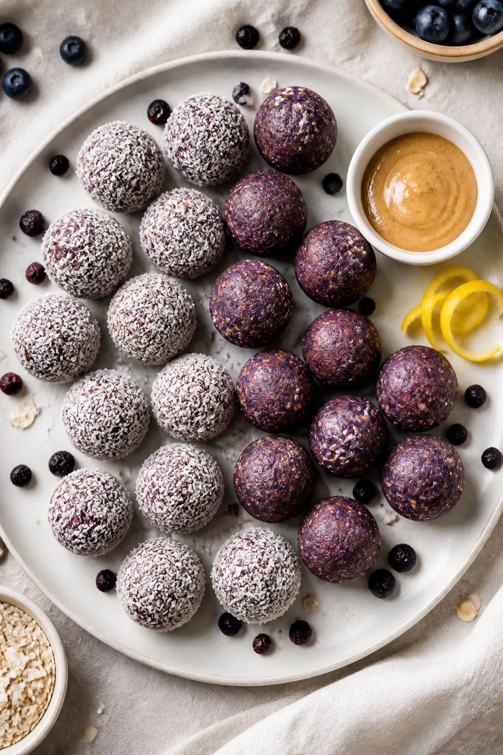 Overhead final presentation: Beautifully arranged blueberry protein balls (18–22 pieces) on a matt