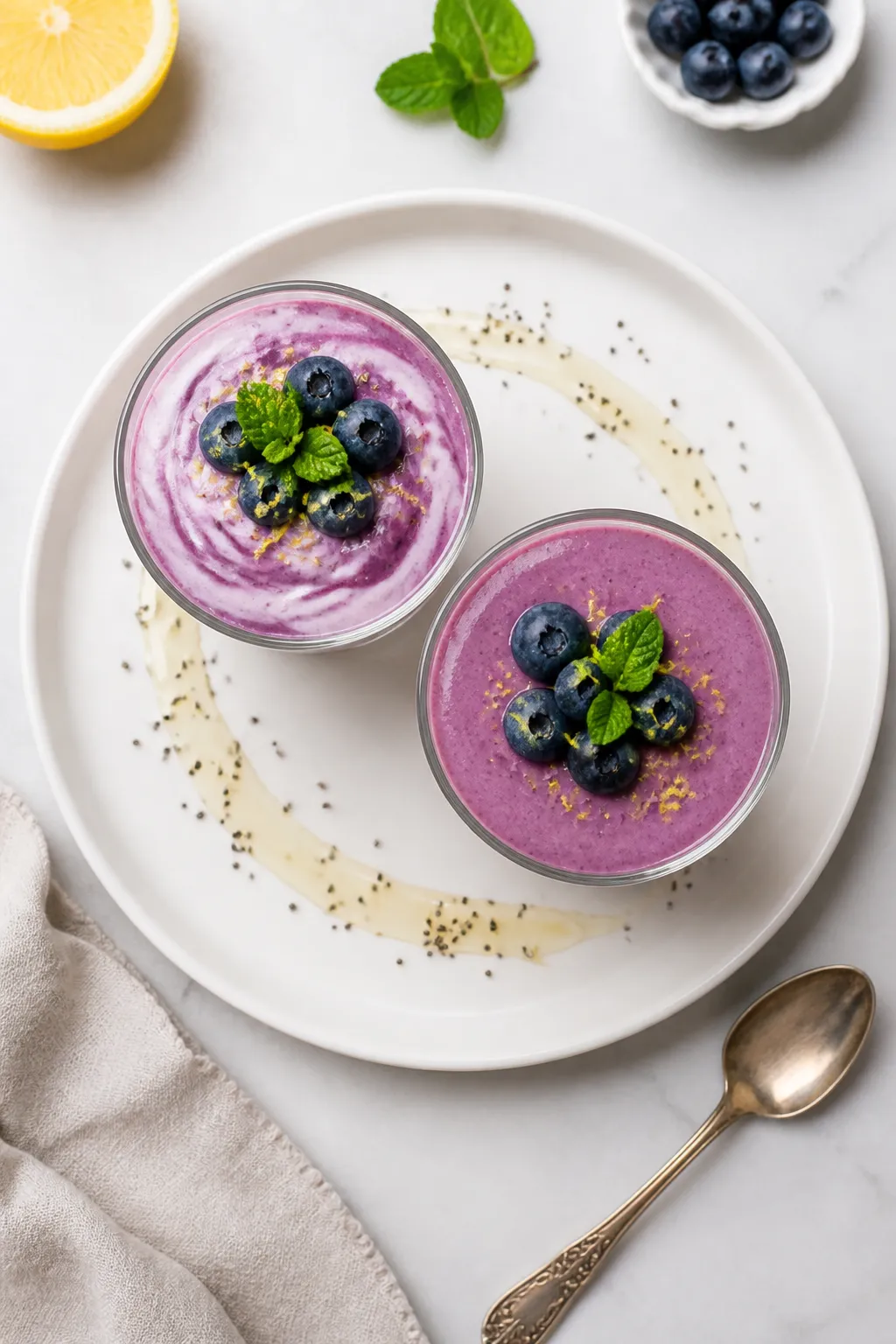 Overhead final presentation: Beautifully plated Low Carb Blueberry Cottage Cheese Mousse in two clea