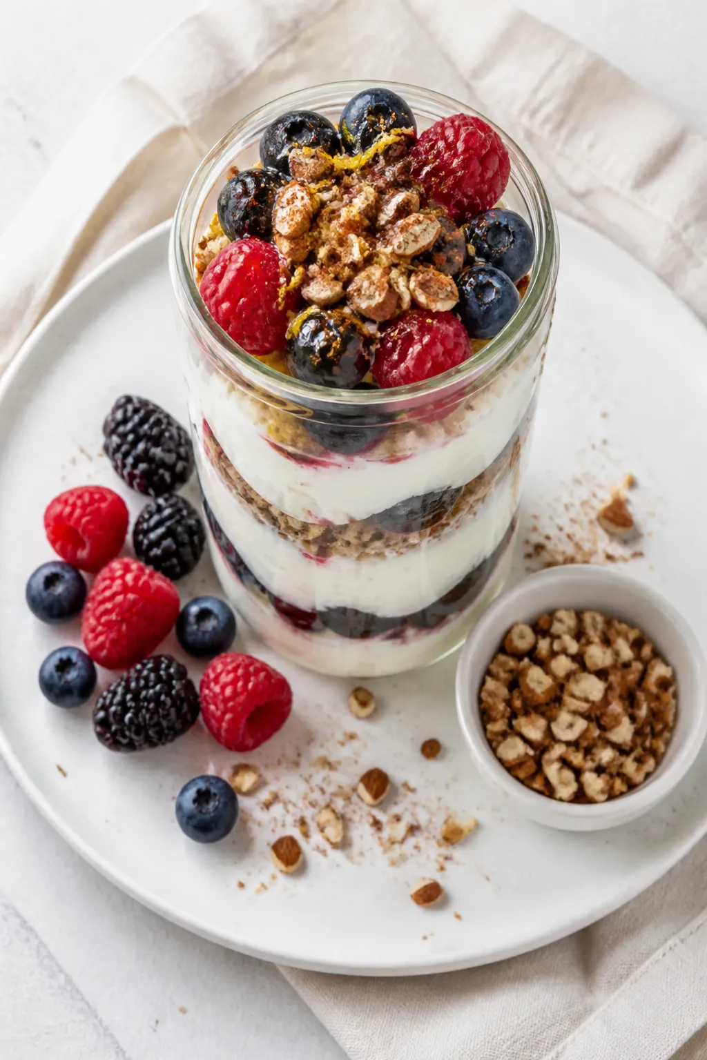 Overhead final presentation: Cottage Cheese & Berry Protein Parfait fully layered in a tall glass ja