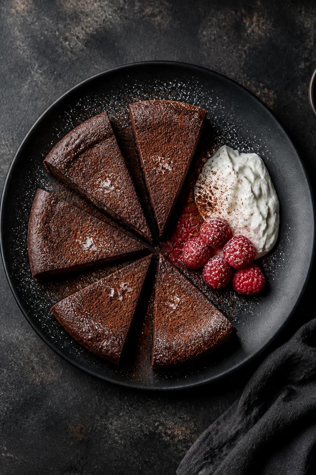 Overhead final presentation: Neat wedges of the flourless chocolate almond cake arranged on a matte