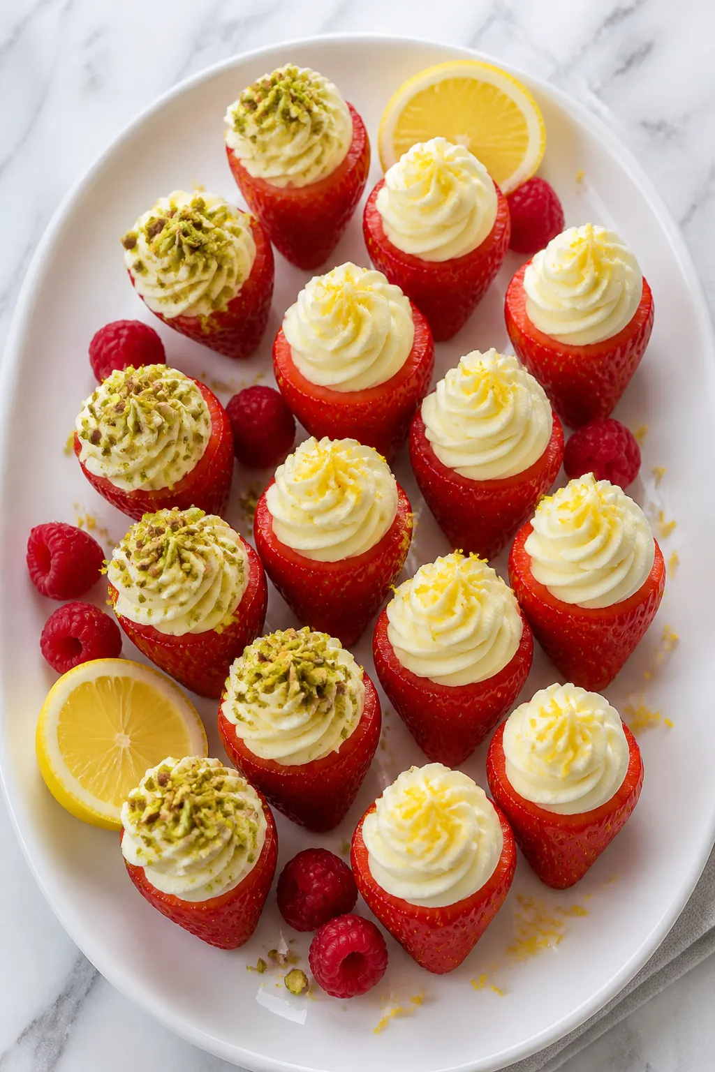 Overhead final presentation of a party-ready platter of Low Carb Lemon Cheesecake Stuffed Strawberri